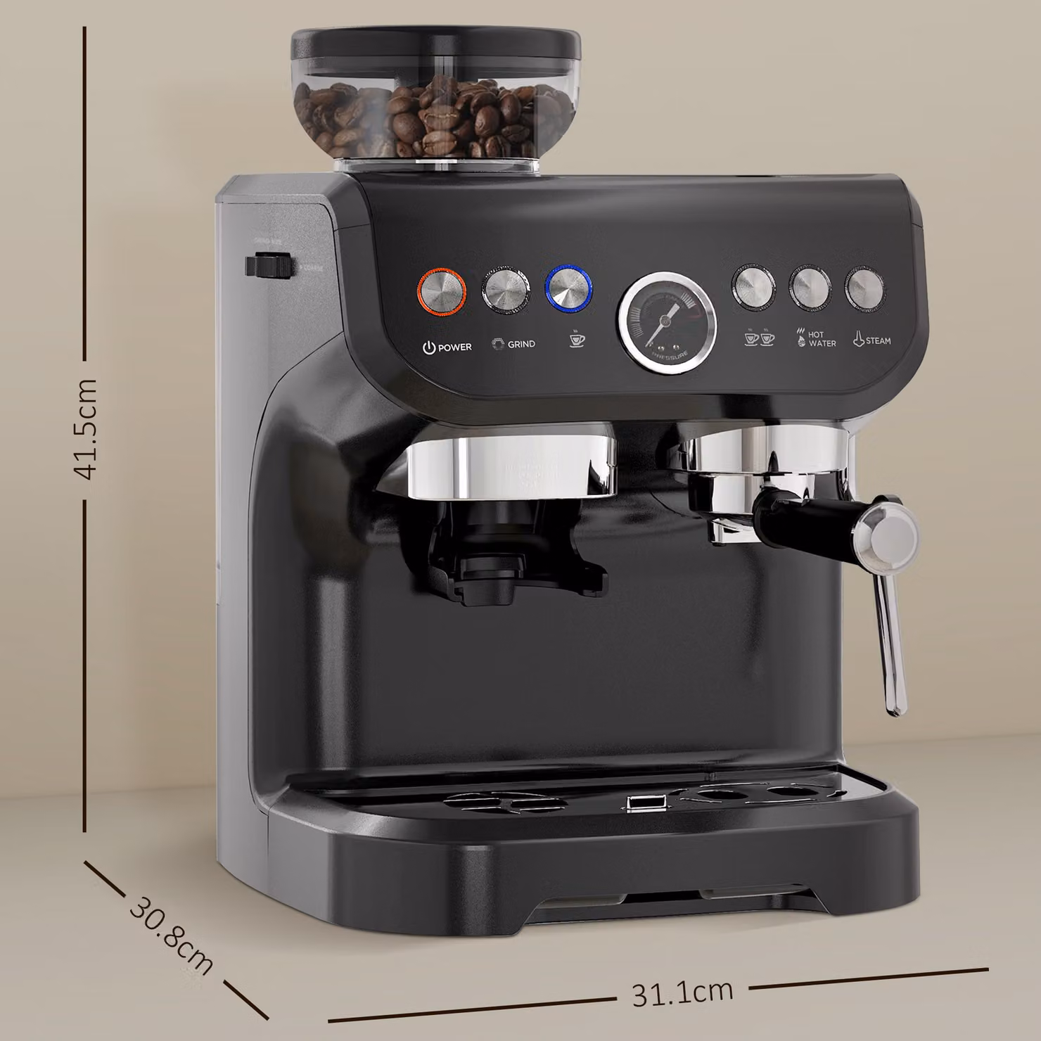HOMCOM 15 Bar Espresso Coffee Machine in Black with Adjustable Grind, Steam Wand, Cup Warmer and Removable Tank – 4