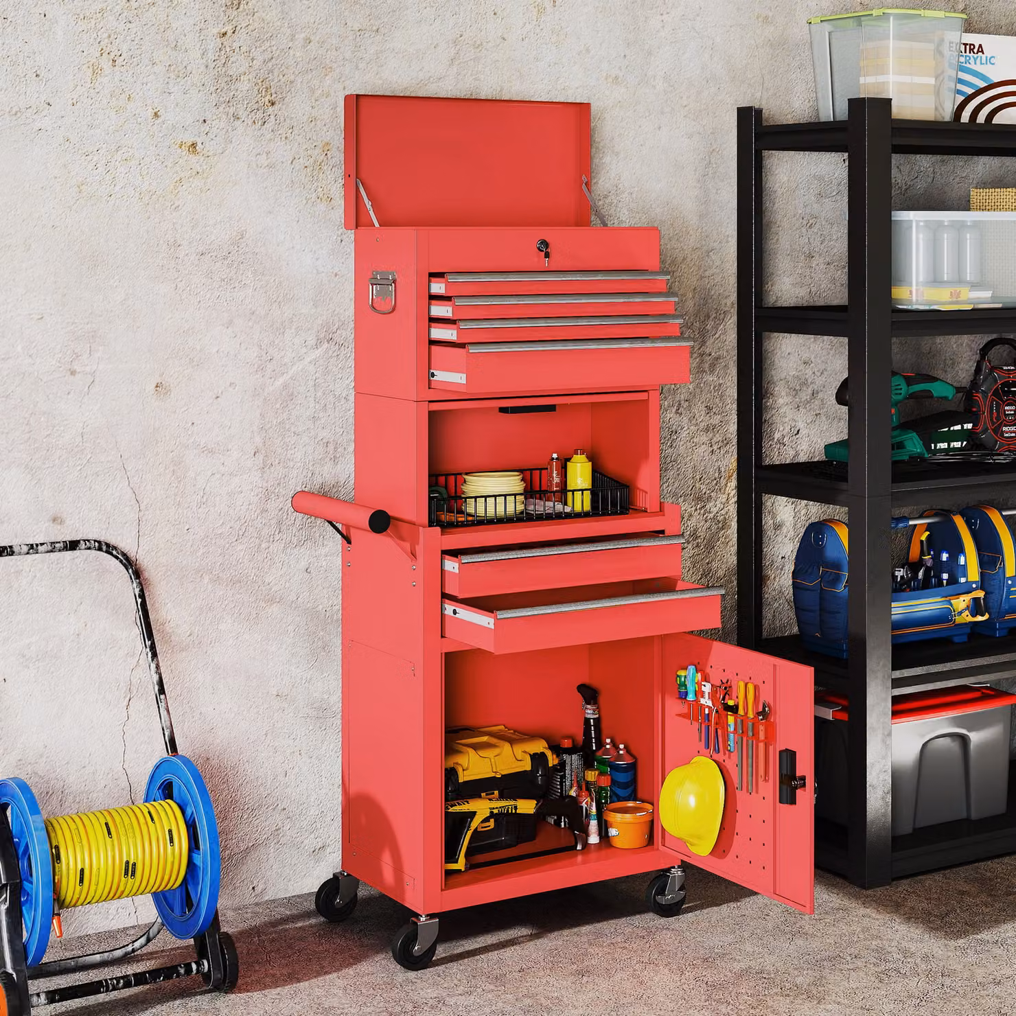 HOMCOM Three-Part Steel Locking Tool Chest in Red – 2