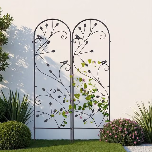 Komore Freestanding Metal Garden Screen and Climbing Frame in Black, H 180 x W 200 x D 2 cm