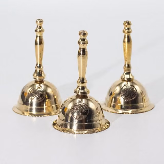 KDMK Handcrafted Small Brass Altar Bell with Penta Moon Symbol in Gold