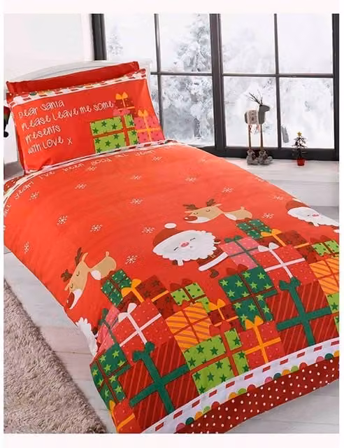 Rapport Dear Santa Christmas Duvet Cover and Pillowcase Set, Red and Multicolour, W/D/H: 140 x 200 cm and 90 x 190 cm