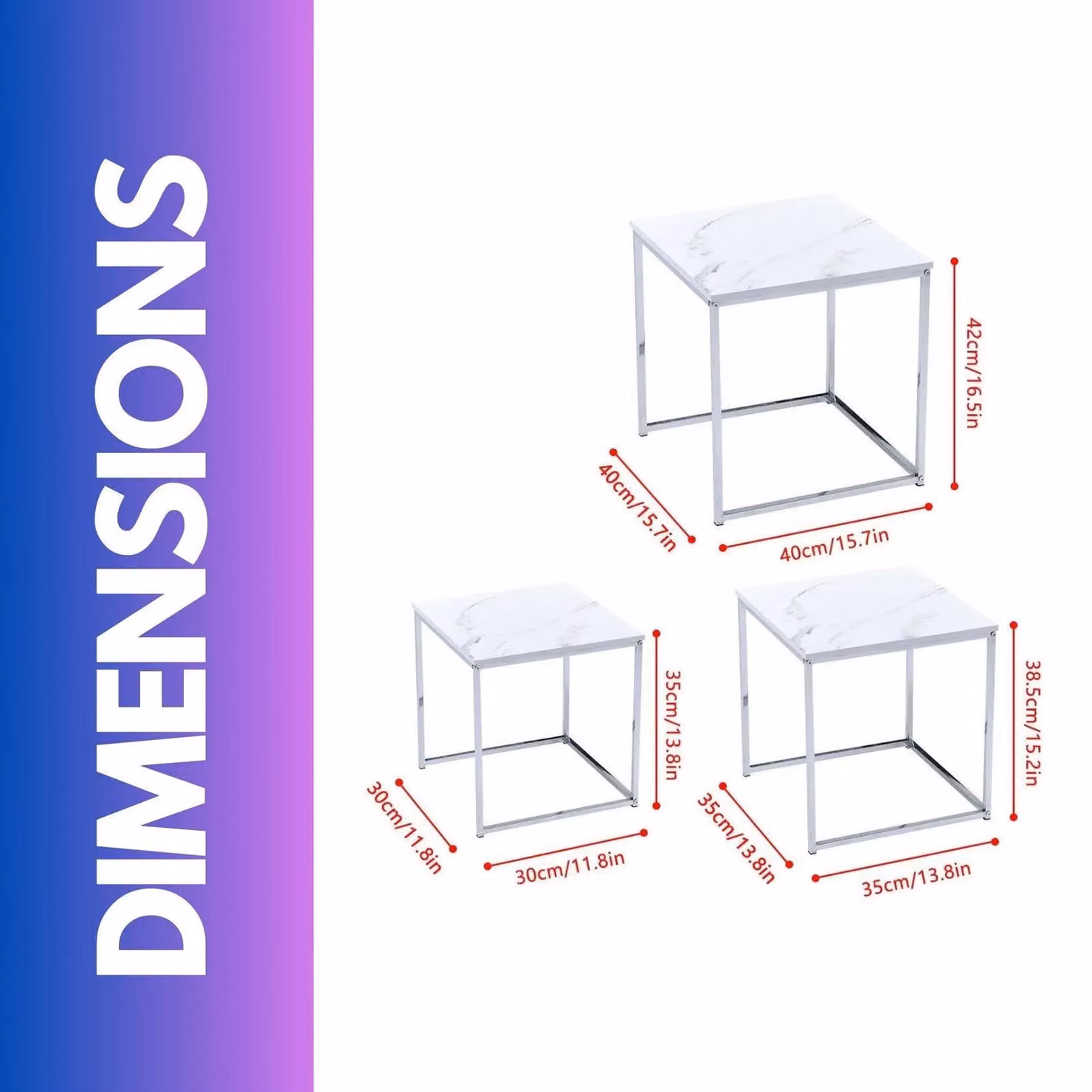 FURNOS Set of 3 Modern Square Nesting Tables with White Faux Marble Glass Tops and Metal Legs – 2