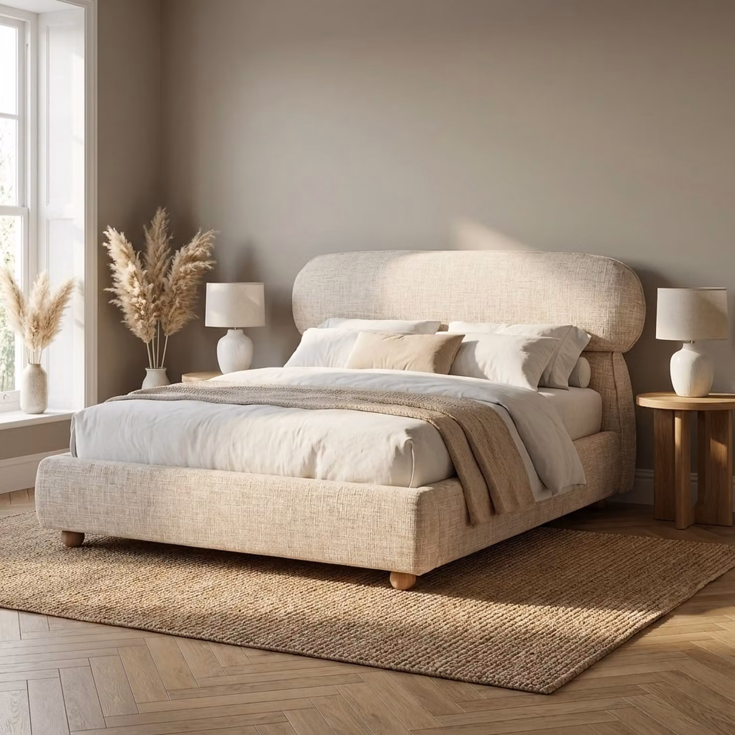 Serilya Upholstered Bed Frame with Luxury Headboard in Beige, Double (140 x 200 cm)