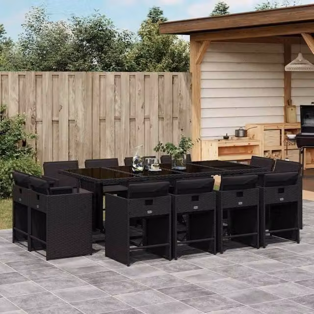 Berkfield Home Garden Modern Black Polyrattan Dining Set with Glass Top and Foldable Design – 1