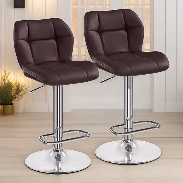 FURNOS Set of 2 Brown Synthetic Leather Height Adjustable 360 Swivel Barstools with Backrest