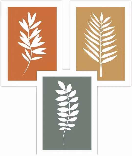 ARTZE Set of 3 Boho Botanical Graphical Leaf Art Posters in Orange, Yellow and Green, W: 50 cm, H: 70 cm