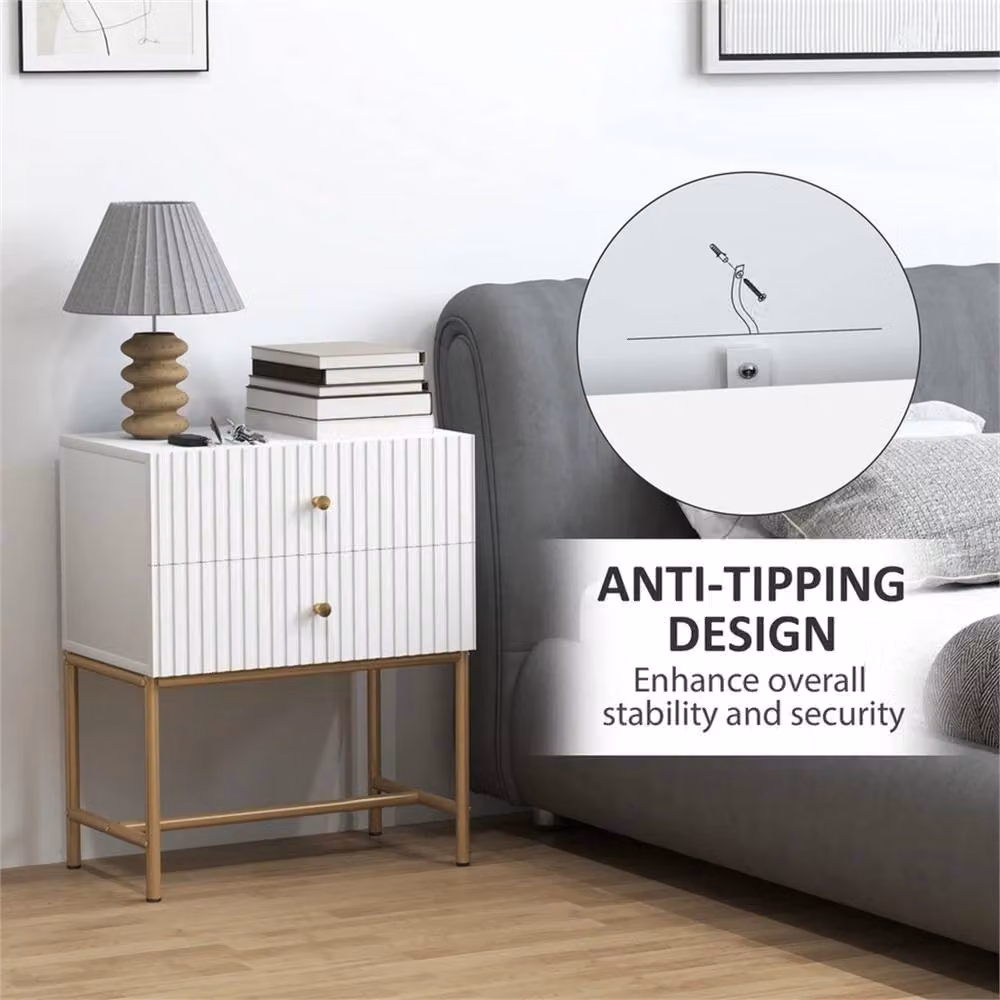 Nordara Modern Bedside Table with 2 Drawers in White and Gold, W/D/H: 30.8 x 48.0 x 60.0 cm – 3