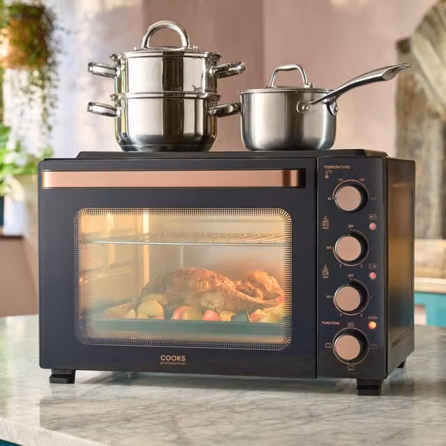 Cooks Professional 34L Mini Oven with 2 Ceramic Hobs and Grill, Black and Copper
