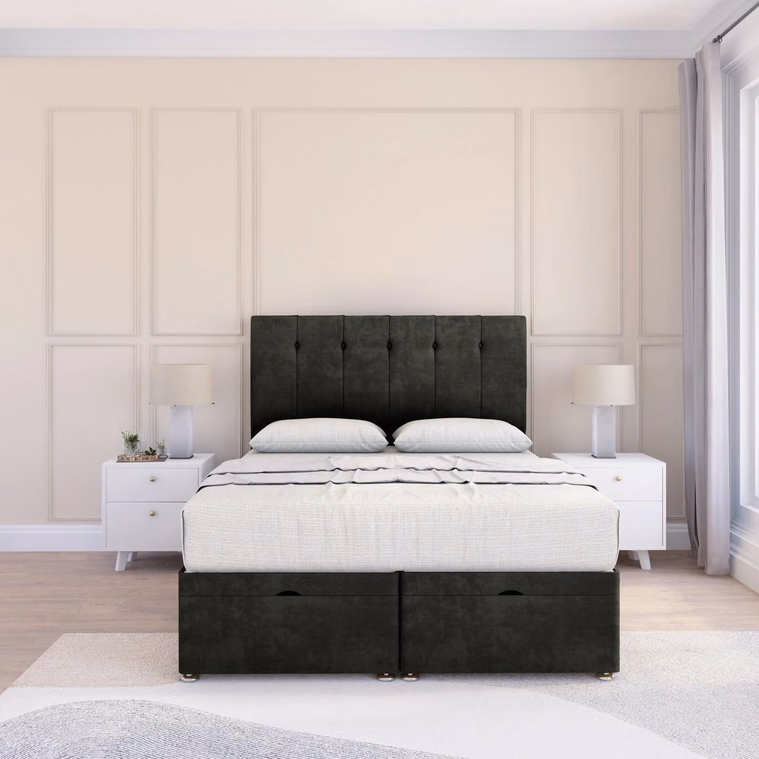 Sloomy Highbury Dumfries Small Double Fabric Ottoman Bed in Black with Hybrid Memory Mattress and 26 Inch Strut Headboard, W/D/H: 120 x 200 cm – 1