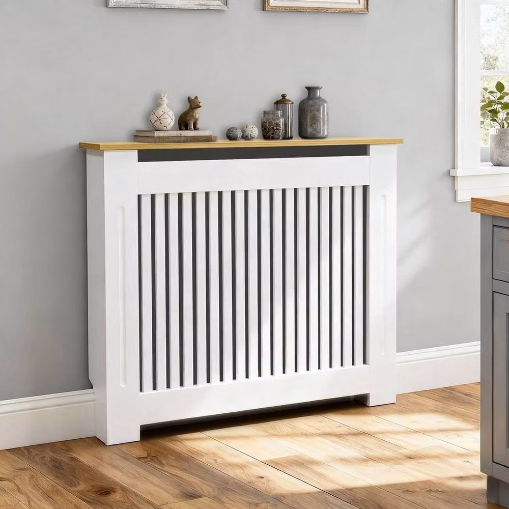 FORGEVIO Vertical Medium Radiator Cover in White with Wood Texture Top, W/D/H: 112 x 20 x 92.5 cm – 2