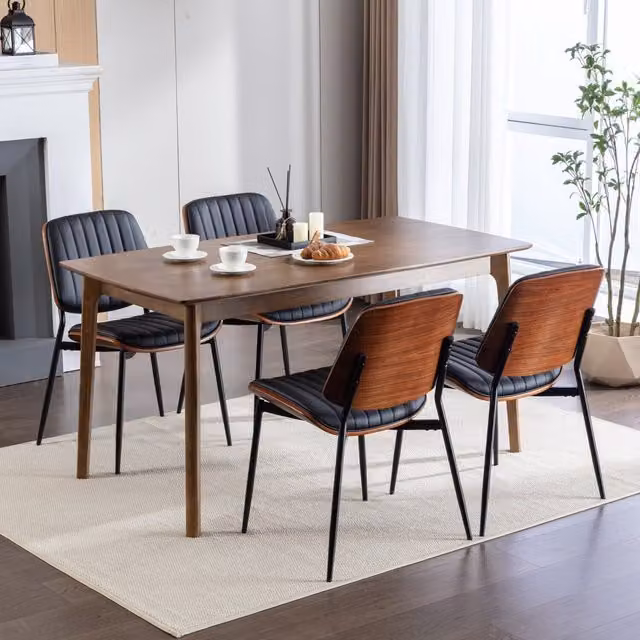 Modern Home Touch Set of 4 Mid-Century Dining Chairs in Black Faux Leather with Walnut Wood Legs
