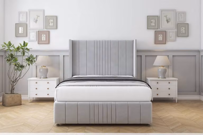 Sloomy Hargrave Plush Divan Set in Silver with Wingback Headboard and Footboard, Super King Size