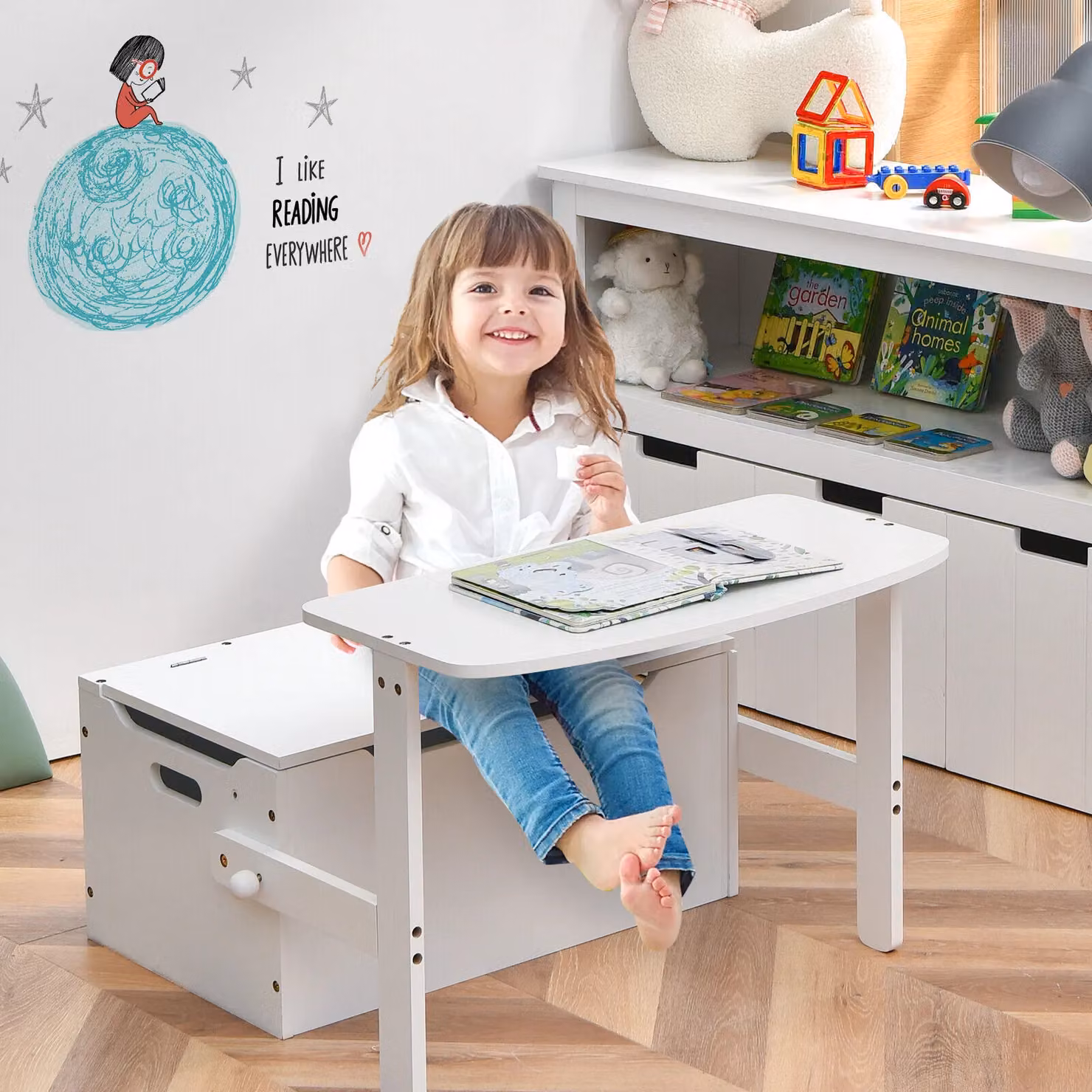 Costway 3-in-1 Childrens Activity Bench, Table and Chair Set with Storage Box in White – 2