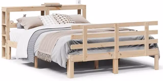 Berkfield Home Small Double Bed Frame with Headboard and Side Compartments in Natural Rustic Pine, W/D/H: 120 x 200 cm