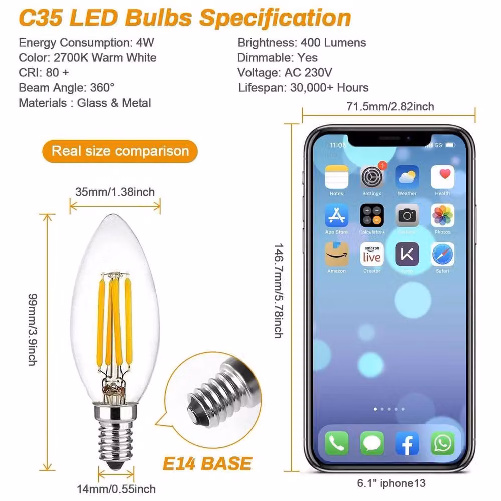 VOGREX 5 Pack Dimmable LED Filament Candle Bulbs, Warm White, E14, Transparent – 2