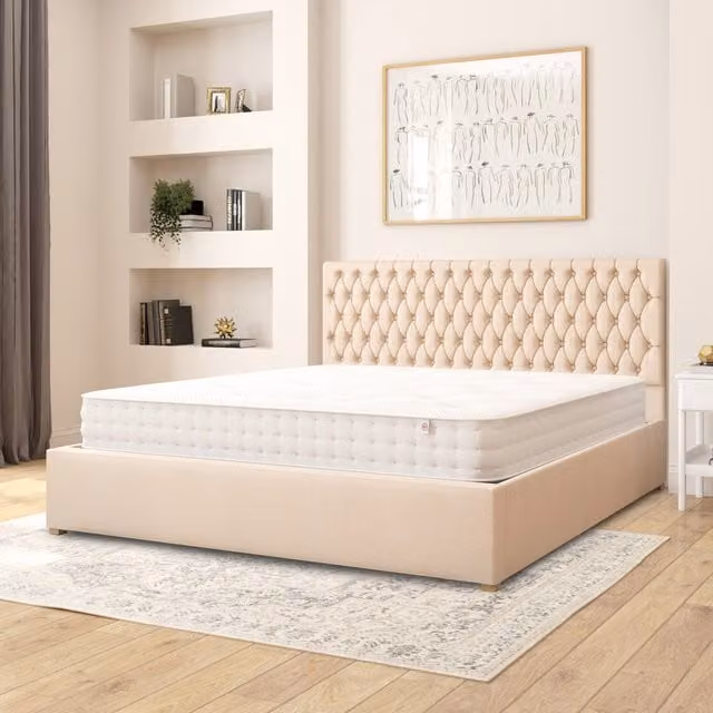 Aspire Monroe Upholstered Ottoman Storage Bed in Beige Kimiyo Linen Fabric, Superking, W: 200 cm x D: 200 cm