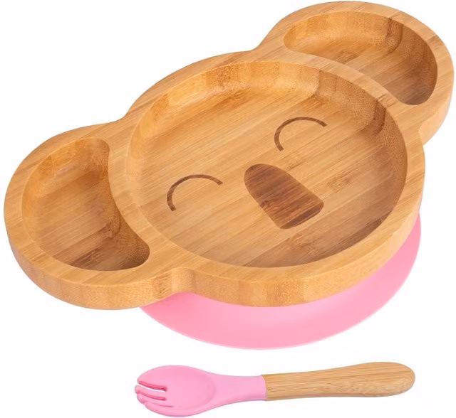 Tiny Dining Bamboo Koala Baby Weaning Plate and Fork Set in Pink