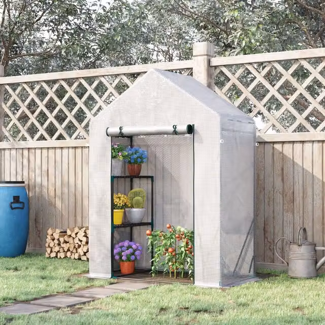 Outsunny White Steel Freestanding Gable Greenhouse with Tiered Shelf for Outdoor Growing