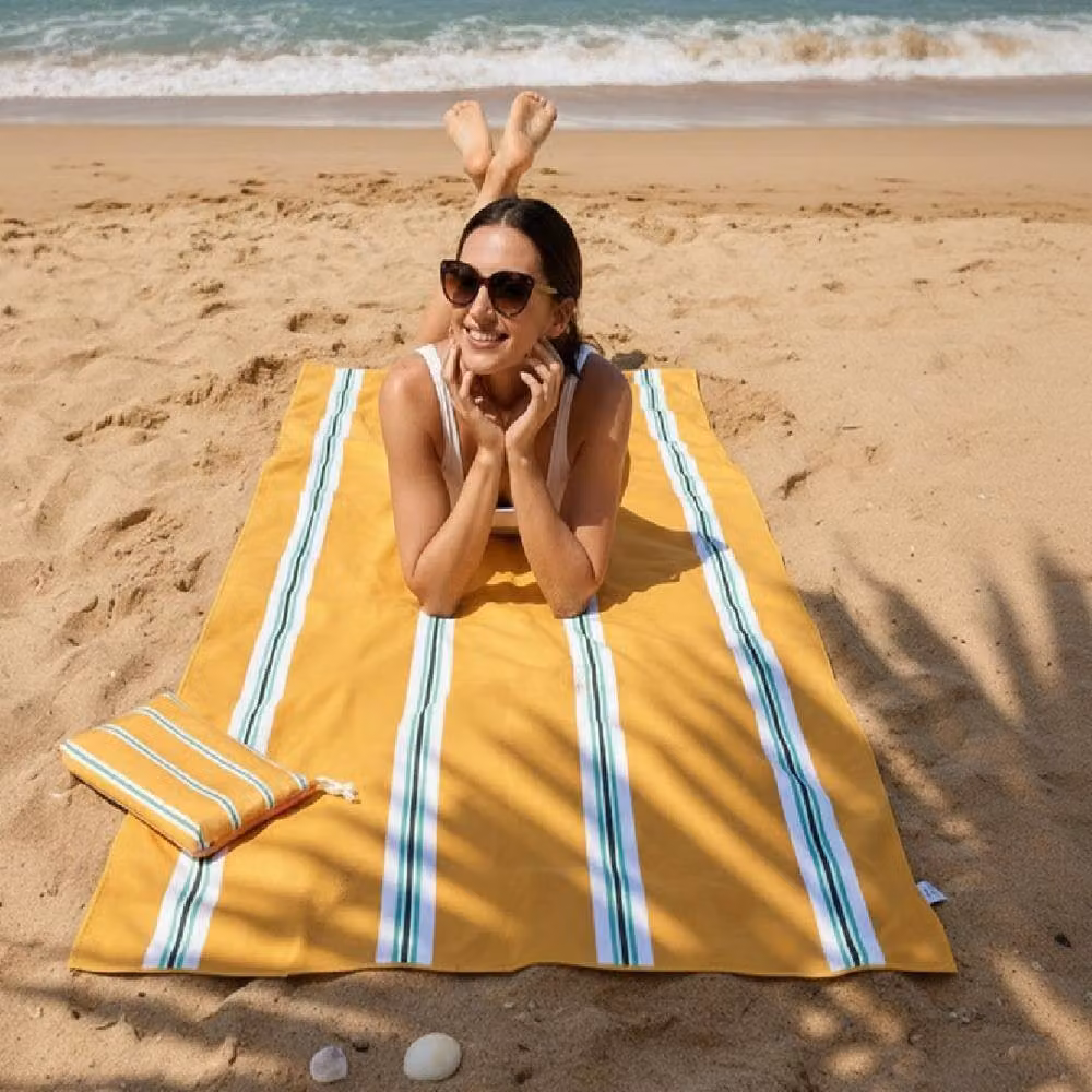 LARANGE Yellow Striped Microfiber Suede Sand Free Beach Towel with Carry Bag, W: 457.2 cm, H: 228.6 cm – 2