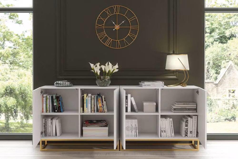 Mex Furniture LTD Set of 2 White Fluted Sideboards with Gold Base, W: 200 cm – 5