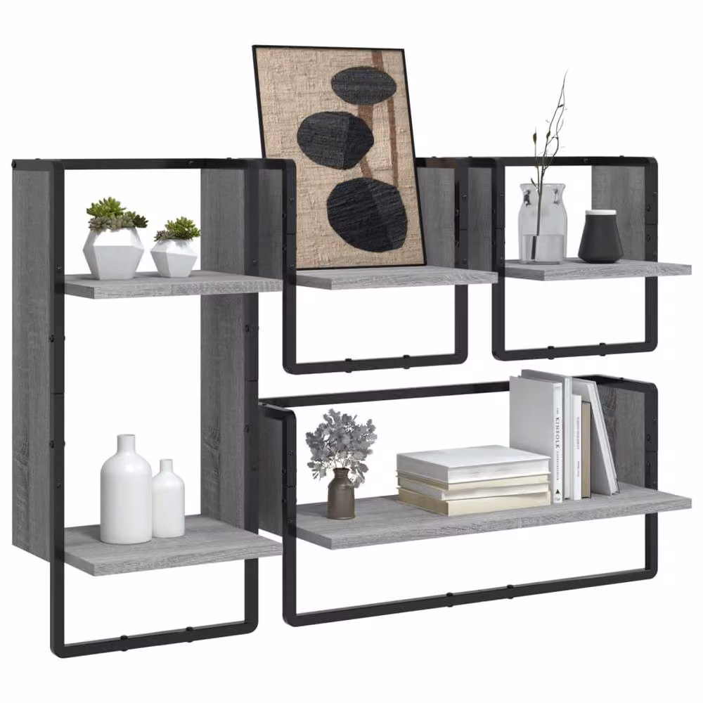 Berkfield Home 4 Piece Grey Sonoma Wall Mounted Shelf Set with Hanging Rods – 3