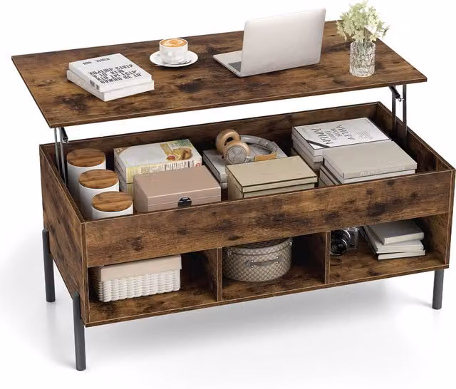 Gymax Modern Brown Lift-top Coffee Table with Metal Legs and MDF Laminate Finish