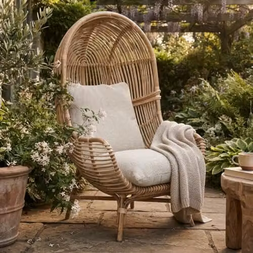 Desser Loft Rattan Egg Chair with Jasper Fabric Cushions, Beige, H145 x W81 x D92 cm – 2