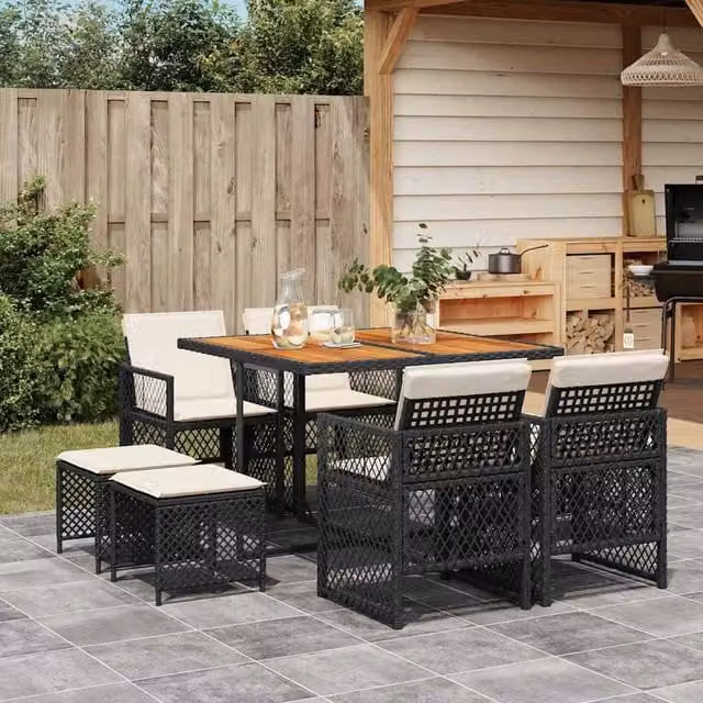 Berkfield Home 9 Piece Black Poly Rattan Garden Dining Set with Acacia Wood Accents – 1