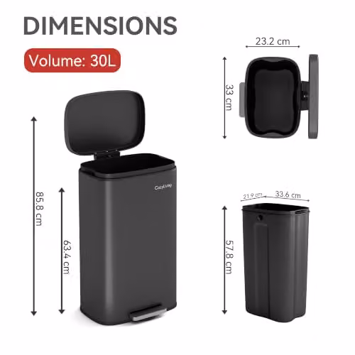 CozyLiving Pedal Kitchen Bin with Soft Close Lid and Removable Inner Bucket, Fingerprint-Proof Steel Body, Grey, 30L – 2
