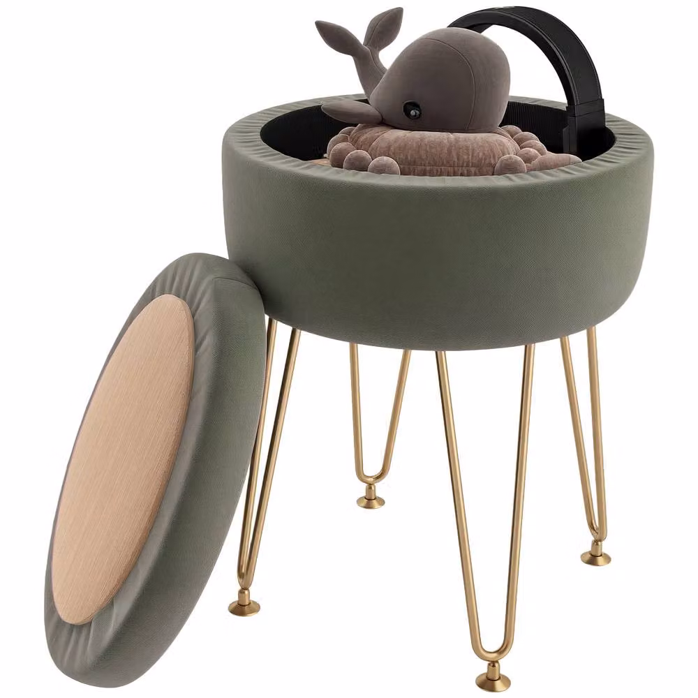 STILVORA Green Velvet Cylindrical Storage Ottoman with Gold Metal Legs – 5