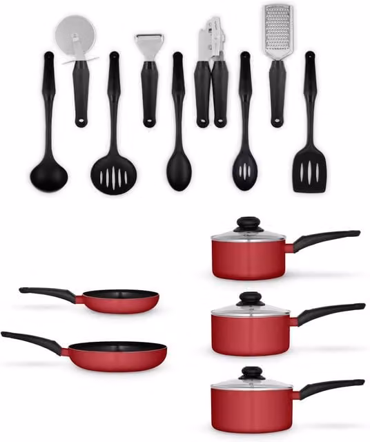 Swan 14 Piece Red Ceramic and Aluminium Pan and Tool Set
