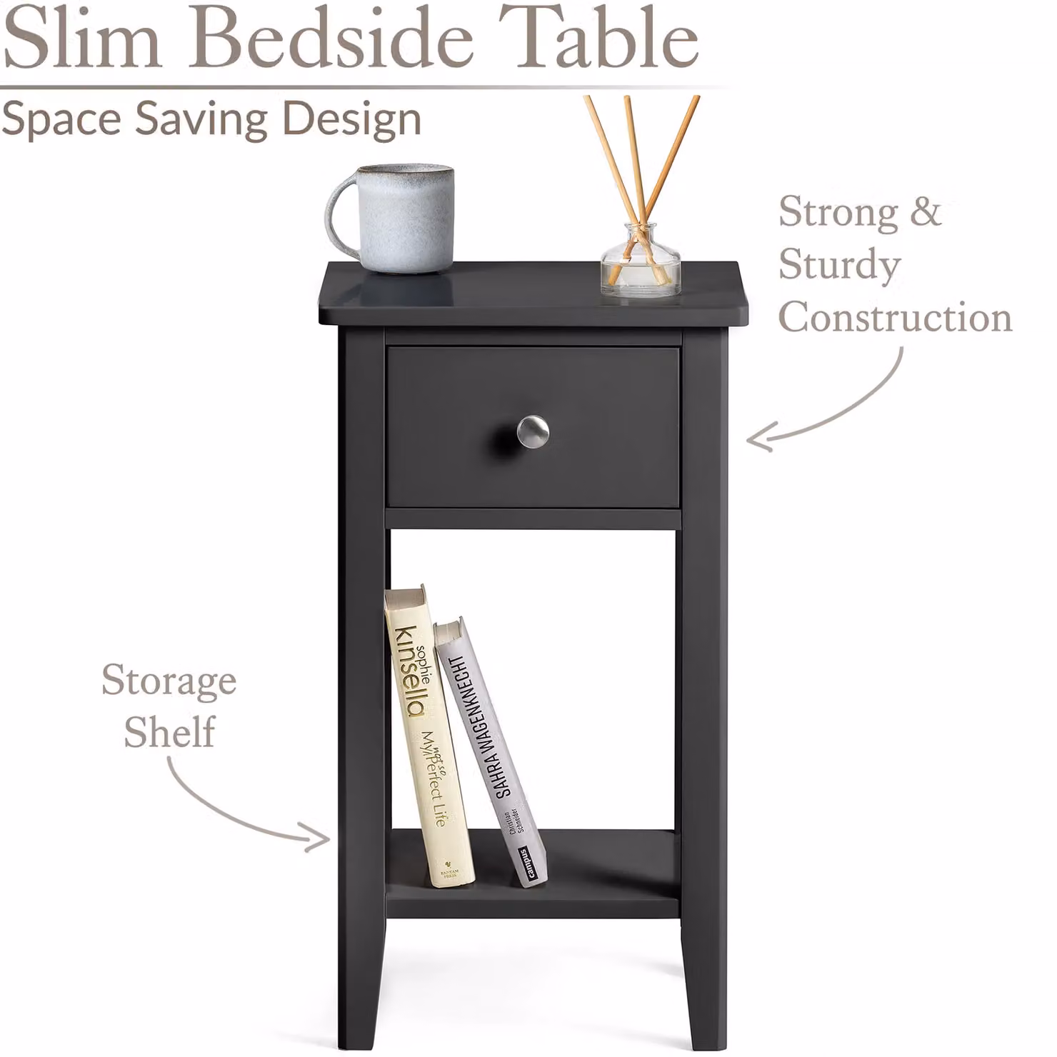 Christow Black Slim Bedside Table with One Drawer and Storage Shelf – 2