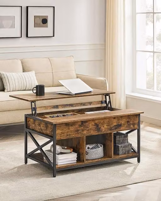 VASAGLE Brown Industrial Lift-Top Coffee Table with Height Adjustable Tilting Top and X-Shaped Metal Frame