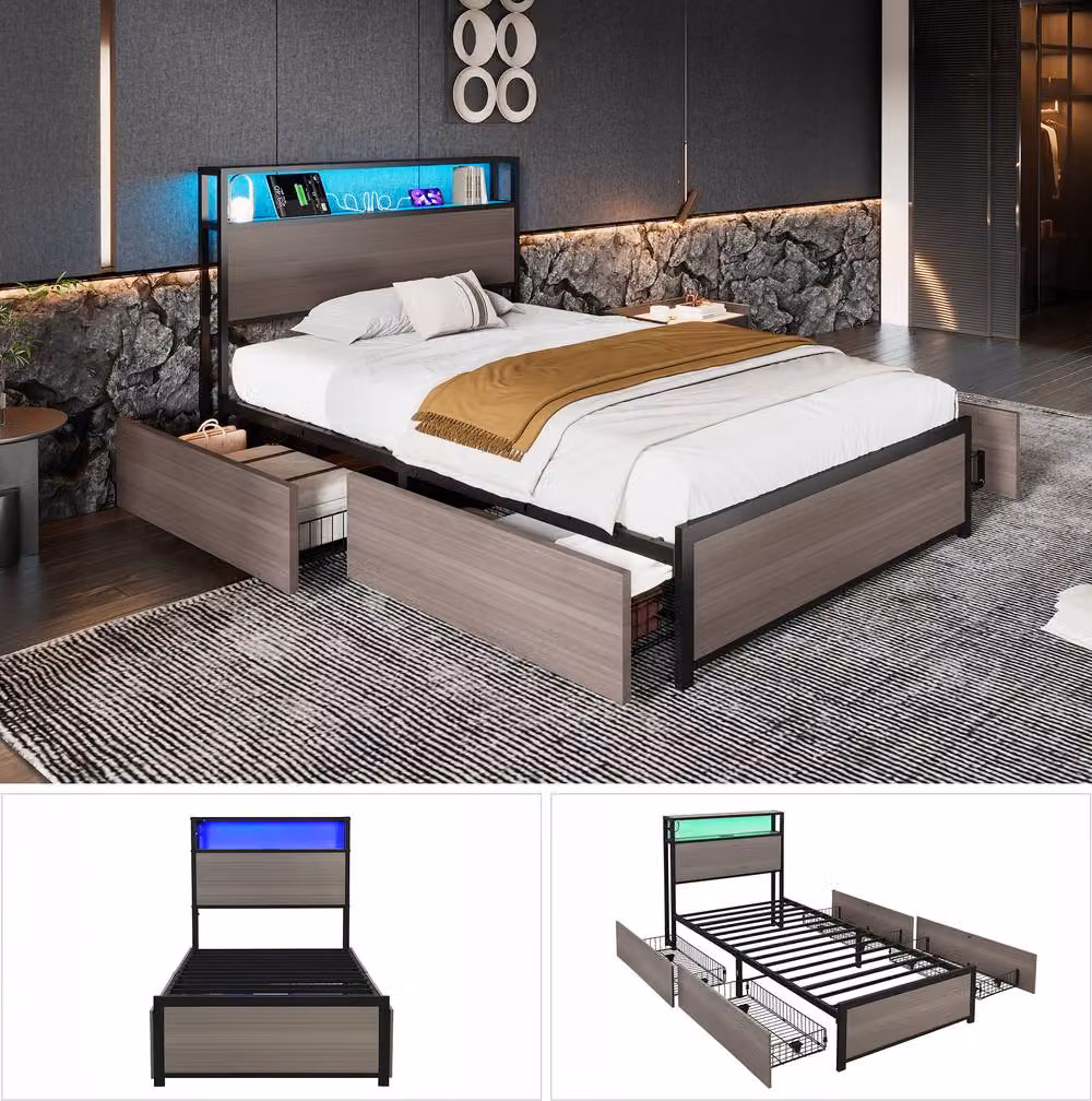 STILVORA Single Bed Frame in Grey with LED Lighting, USB Charging Port and 4 Drawers, W/D/H: 90 x 190 x 105 cm – 4