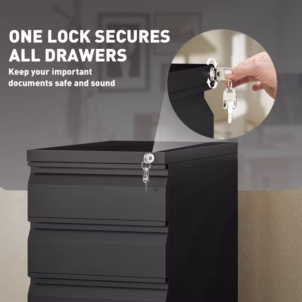 FORGEVIO 3-Drawer Metal Filing Cabinet with Lock and Castors, Black – 5