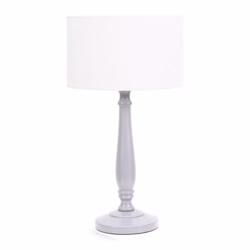 ValueLights Traditional Grey Wood Candlestick Table Lamp with White Fabric Drum Shade and LED Bulb, H 45.5 x W 25.5 x D 25.5 cm – 1