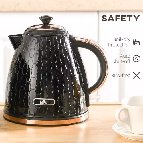 HOMCOM Black Electric Kettle with Auto Shut-off and Limescale Filter, 1.7 l, 3 kW – 5