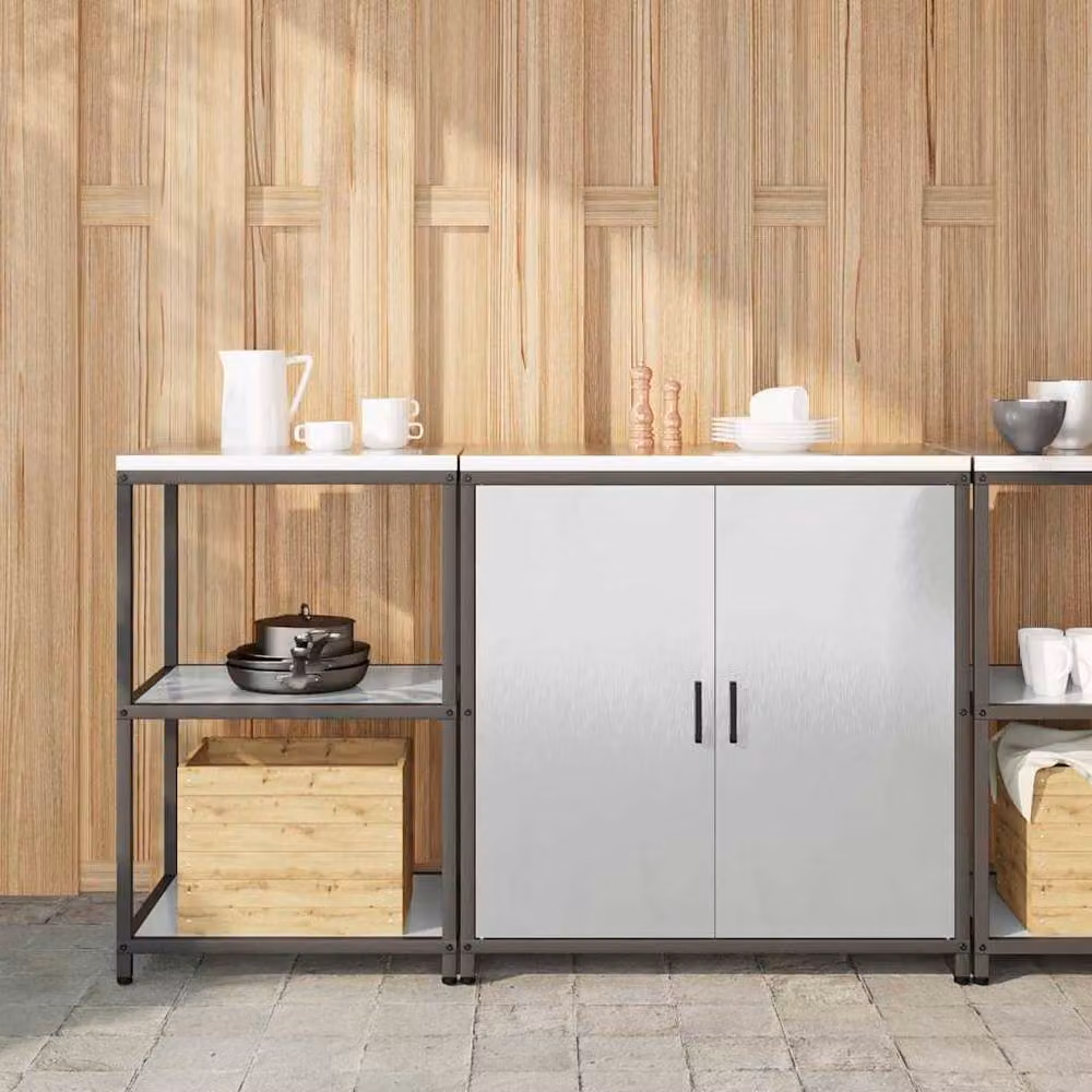Berkfield Home 2-Piece Stainless Steel Storage Unit with Adjustable Shelves and Hinged Doors in Matt Silver – 2