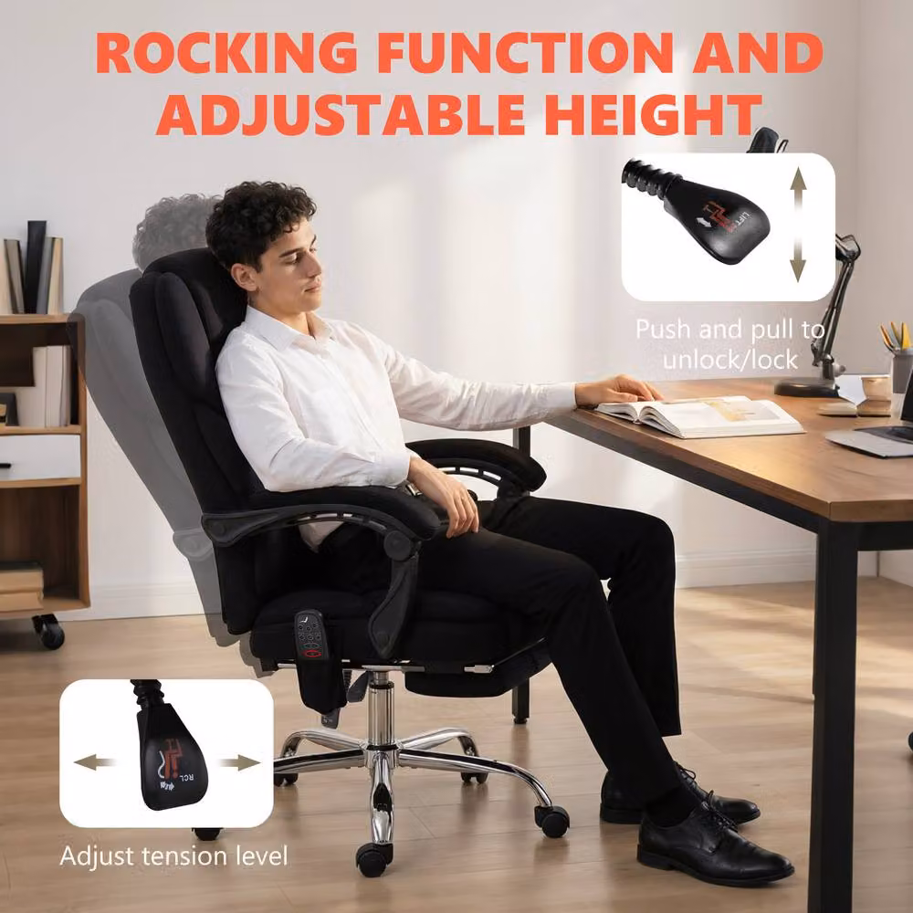 Rolipo Black Velvet Executive Office Chair with 6-Point Heated Massage, High Back, Headrest and Footrest – 9