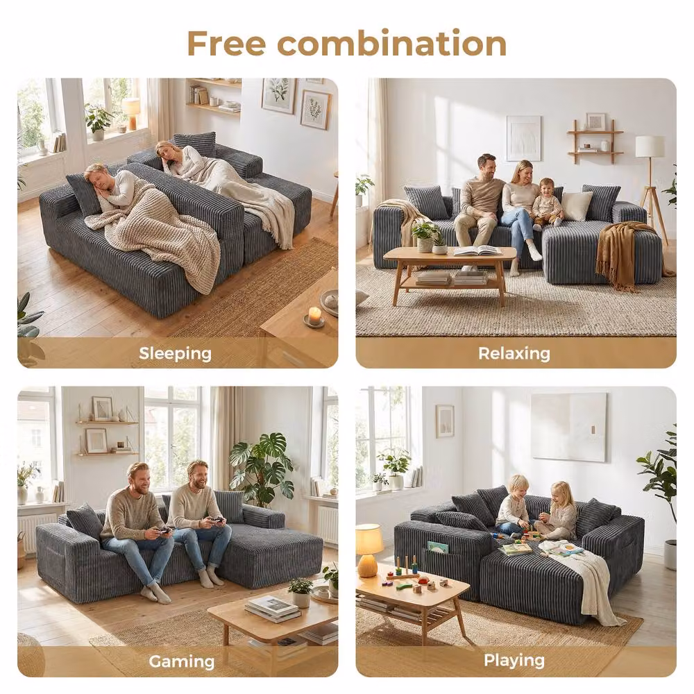 Dprodo 4 Seater Modular Right L-Shaped Sectional Sofa in Grey Velvet Cord Fabric, Width: 261 cm – 6