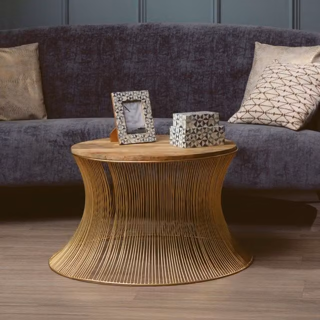 Fifty Five South Orsina Modern Round Coffee Table with Mango Wood Top and Gold Metal Frame, W/D/H: 81 x 46 x 66 cm