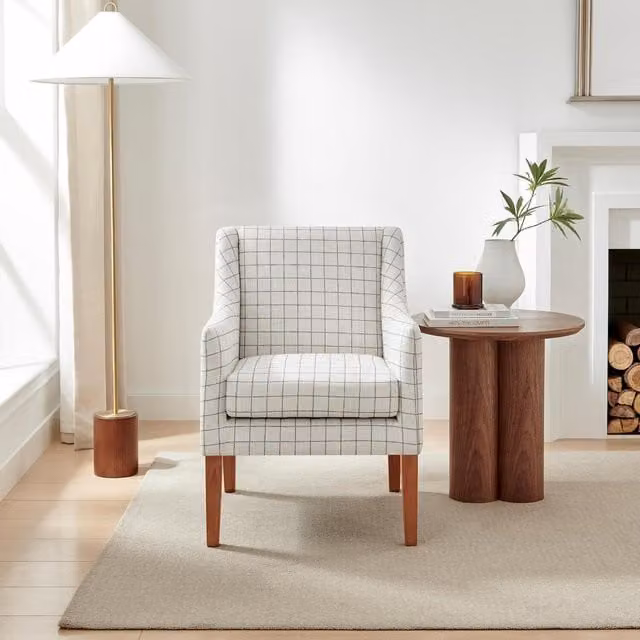 FurnitureboxUK Aubrey Scandinavian Wingback Accent Armchair in Beige and Yellow Checked Fabric with Rubberwood Legs