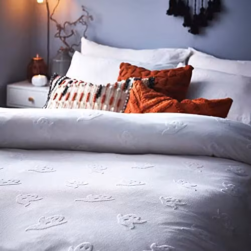The Linen Yard Ghost Tufted Halloween 100% Cotton Percale Duvet Cover Set in White, 200 x 200 cm – 3
