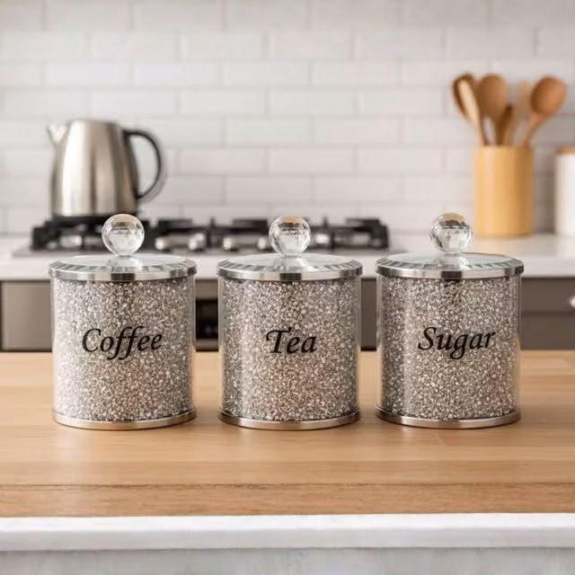 Smartbies Silver and Transparent Glass and Metal Tea, Coffee and Sugar Canister Set