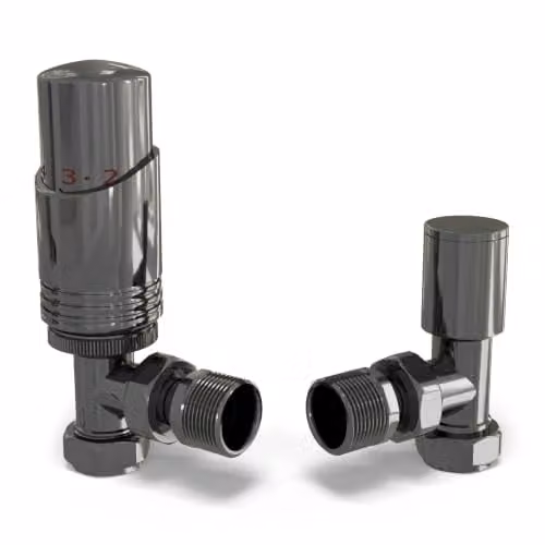 UK Radiators Talus Bold Angled Thermostatic Radiator Valve in Polished Black Brass, 1/2" x 15mm