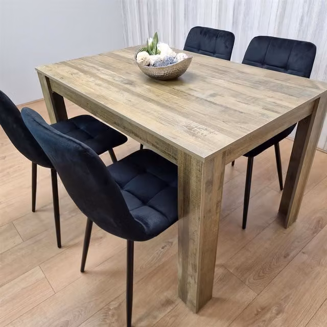 KOSY KOALA Dining Table and 4 Black Velvet Chairs Set, Brown Rustic Effect Rectangular Table, W/D/H: 160 x 80 x 75 cm – 1