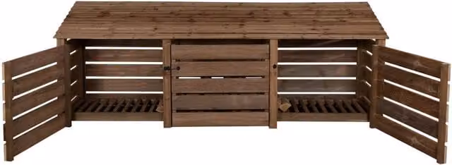 Arbor Garden Solutions Slatted Triple Bay Wooden Log Store with Door in Brown, W: 126 cm, H: 88 cm