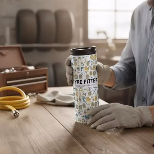 Purely Home Tyre Fitter Novelty Travel Flask, Reusable Stainless Steel Double-Walled Tumbler, Multicoloured and White, 500ml – 2
