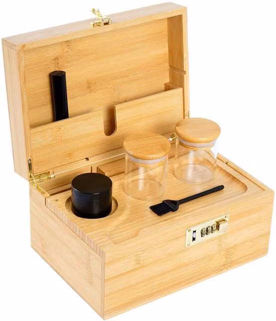 NESTLUNE Lockable Bamboo Herb Storage Box with Compartments and Glass in Brown