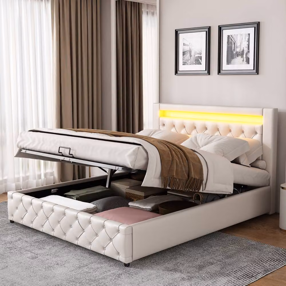 Rolipo White PU Upholstered Double Ottoman Bed with LED Headboard, W/D/H: 150 x 200 cm – 3